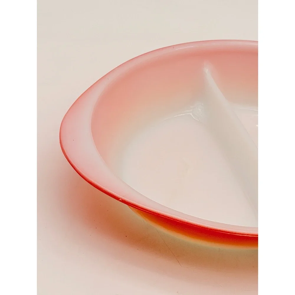 Vintage Glasbake Red Ombre Milk Glass Divided Serving Dish Oval MCM 1.5 Qt USA
